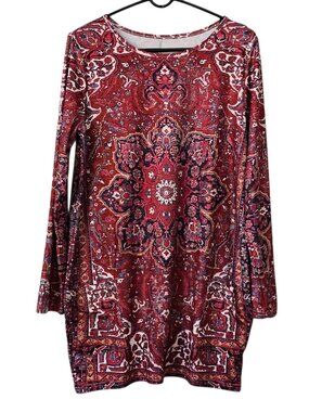 Burgundy Red Boho Chic Long Sleeve Tunic Top Shirt w. Pockets Size Medium